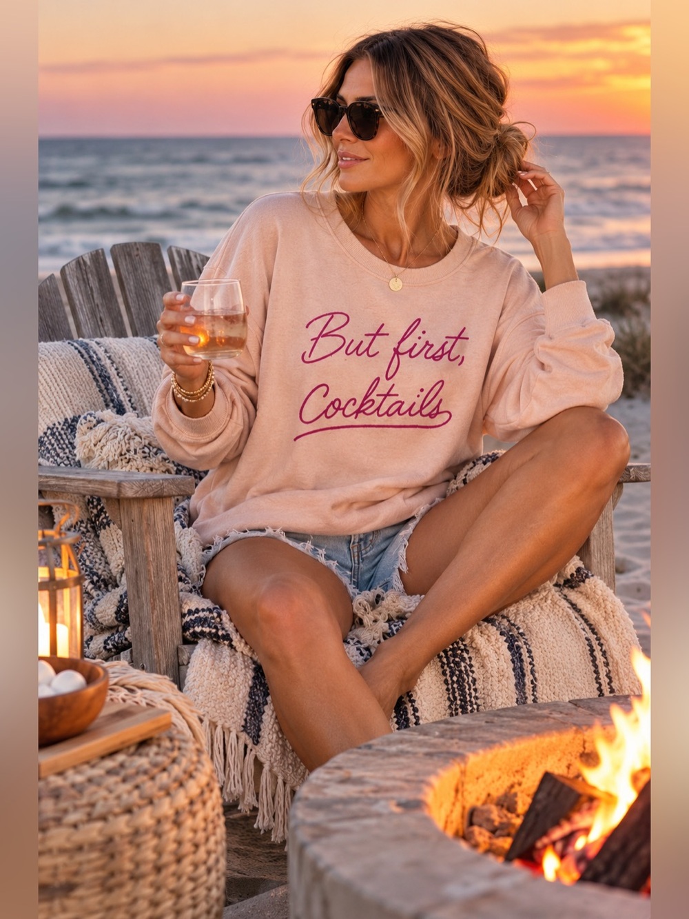 Wildfox XXL “But First Cocktails” Blush Pink Graphic Sweatshirt